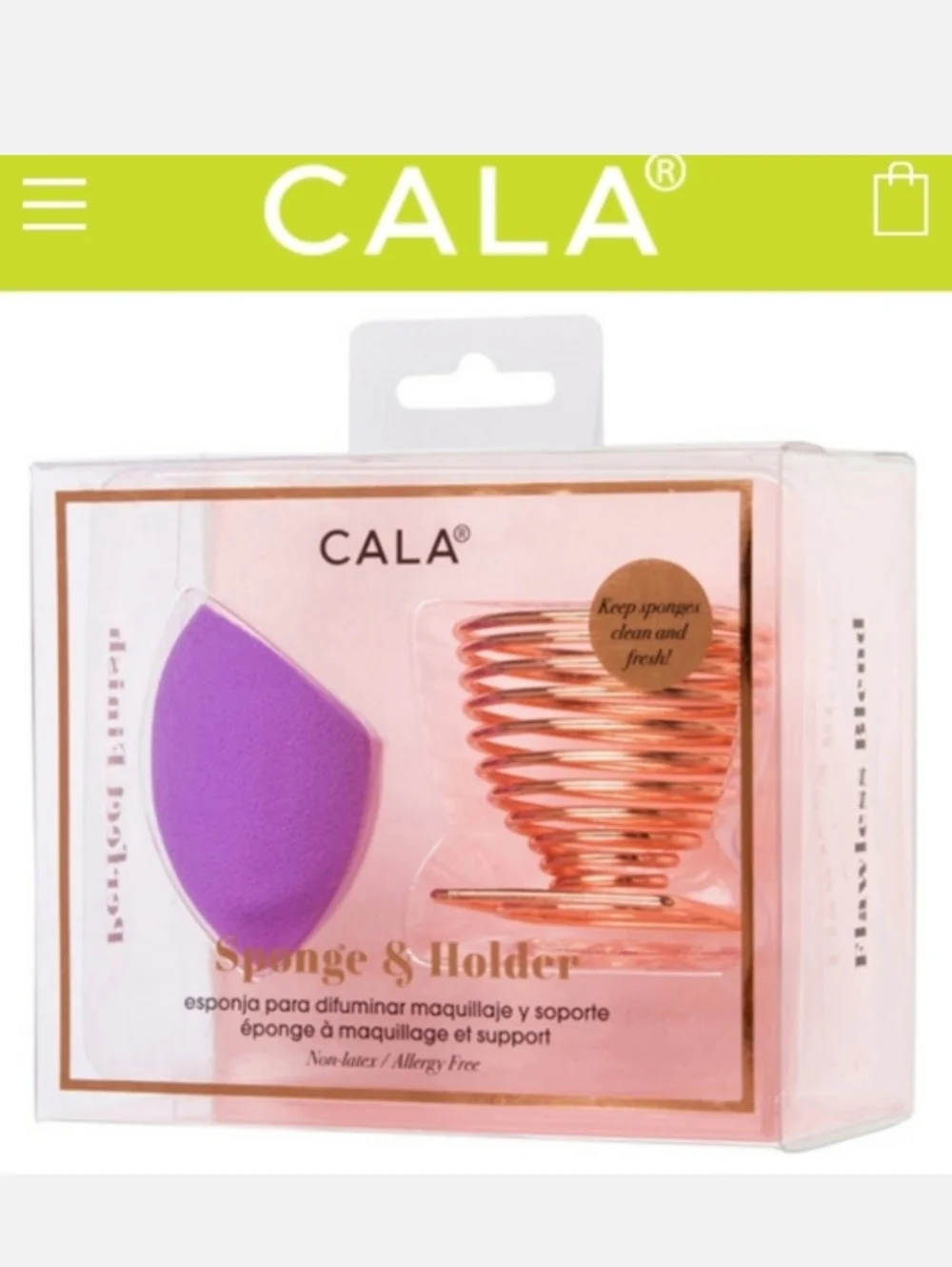 CALA Purple Pro Blender Makeup Sponge & Gold-tone Holder Stand NIB